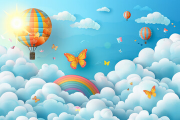Beautiful fluffy clouds on blue sky background with summer sun