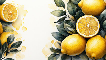 Decorative design with watercolor branches of lemon tree with ripe fruits and flowers.