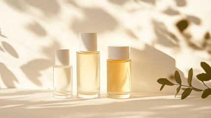 glass bottles with white matte caps, filled with light beige liquid perfume