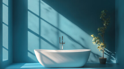 Light blue decorated bathroom scene, there is a white bathtub, stylish and simple style