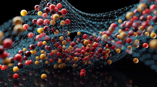 Molecular Network of Colored Particles on Mesh Grid
