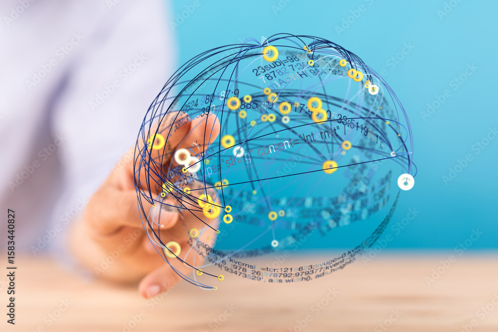 Poster hand interacting with a digital globe showing data connections. ideal for tech, network, and global 