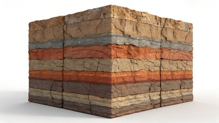 Sedimentary Rock Cube Model Showing Stratified Layers in Brown, Orange, and Beige Tones