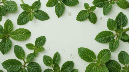 Top-down view showcasing vibrant mint leaves as backdrop