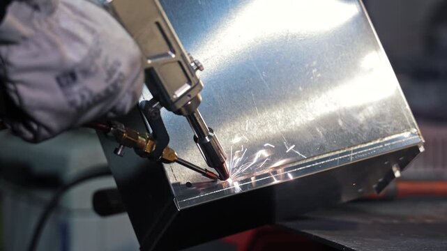 Spot welding sheet metal in factory setting. Close-up of a worker using a spot welding tool to join sheet metal parts, with sparks flying during the welding process.