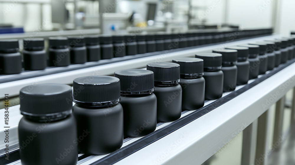 Poster automated production line: rows of dark bottles on a conveyor belt in a factory setting. manufacturi