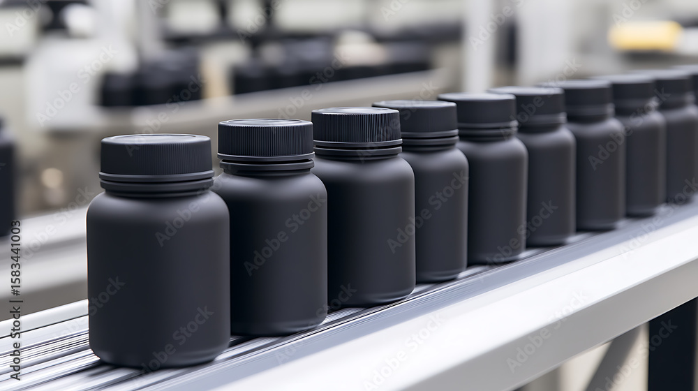 Poster dark bottles on conveyor: a line of dark-colored bottles move along a conveyor belt, signifying auto