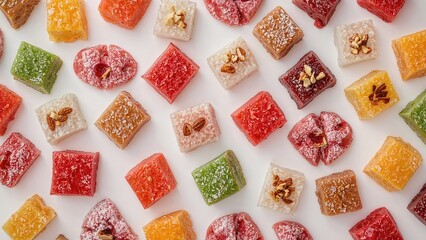 Assorted regional candy pieces arranged on a white base