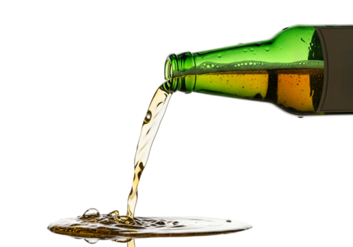 A green glass bottle pours golden beer onto a reflective surface. The background is transparent, highlighting the liquid's movement and bubbles.