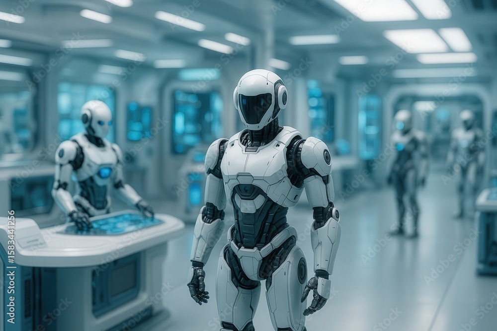 Poster futuristic research station with robots in blurred background for advanced technology and innovation