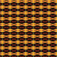 Vibrant kaleidoscopic pattern with orange, green, and dark accents, forming a symmetrical and repeating structure ideal for textiles and backgrounds.