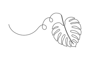 Fototapeta premium Monstera leaf one line drawing in minimalist style with isolated outline on white background