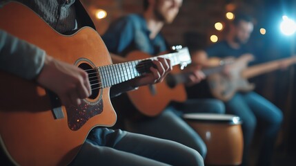 Fototapeta premium A group of friends enjoying a lively jam session with guitars and a cajon in a rustic attic, capturing the essence of informal music-making.