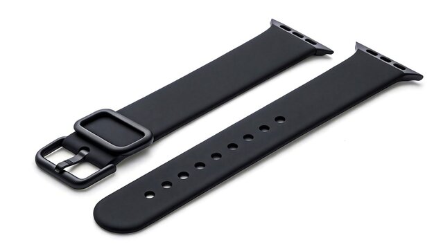 Black smartwatch replacement strap with buckle and holes on white background

