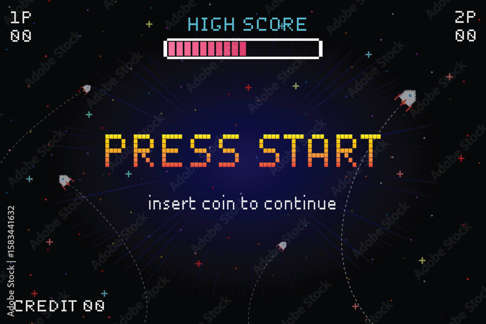 Poster press start. insert coin to continue. pixel art. 8 bit game. retro game. for game assets .retro futu