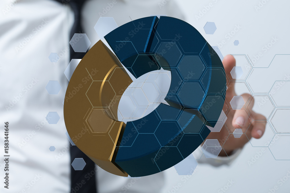 Poster a businessman interacts with a 3d pie chart, visualizing data analysis and business strategy.