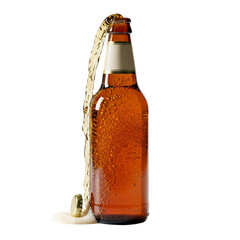 A brown beer bottle with condensation, pouring beer with foam spilling onto a surface. The background is transparent, highlighting the bottle and liquid.