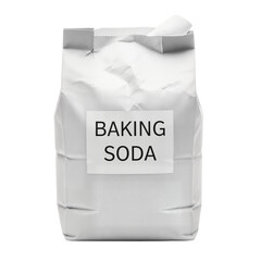 White paper bag of baking soda with a clear label on a transparent background. The bag appears crumpled and is designed for kitchen use.