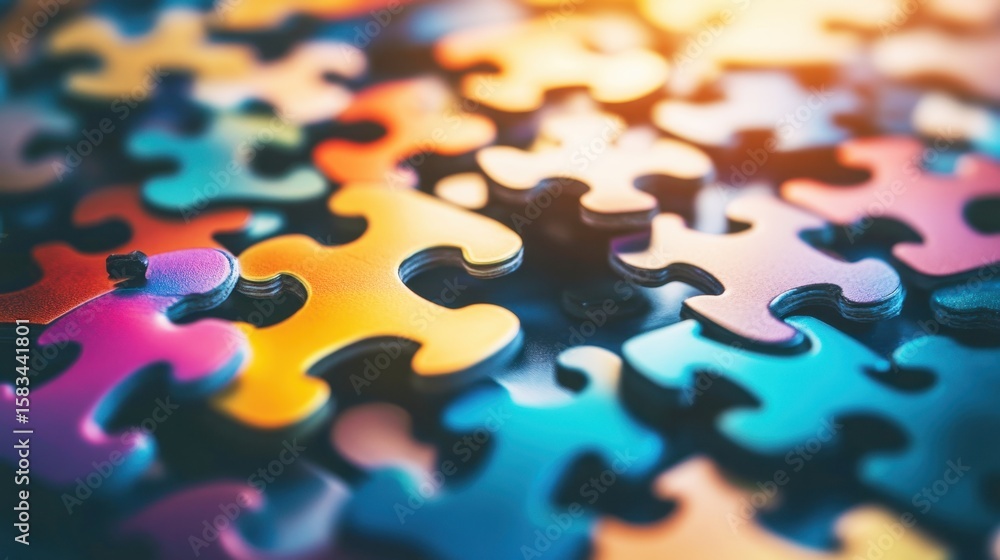 Poster colorful jigsaw puzzle pieces spread across a surface creating a fun and engaging background for cre