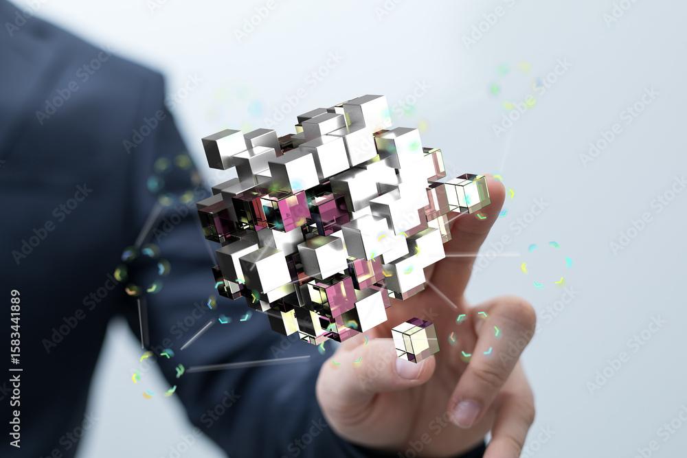Poster abstract image of a businessman interacting with a 3d model of interconnected cubes, representing ne