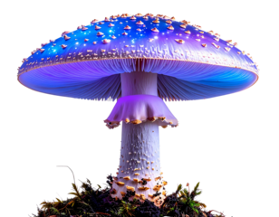 Magical glowing mushroom with sparkles and bioluminescent glow, isolated on a transparent background