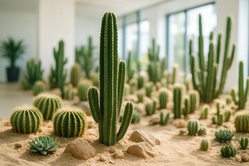 Cacti and succulents in sandy indoor display with blurred background. Greenhouse interior photography with shallow depth of field. Botanical and desert plant concept.