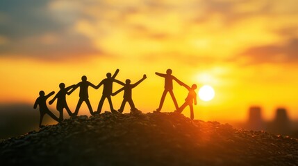 Obraz premium Silhouette of Miniature Figures Celebrating Unity at Sunset with Warm Colors in a Beautiful Landscape Setting