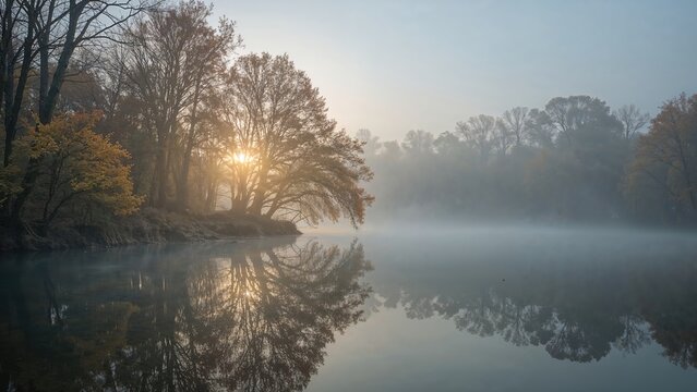 Fog-covered lake at dawn surrounded by trees and nature - Powered by Adobe