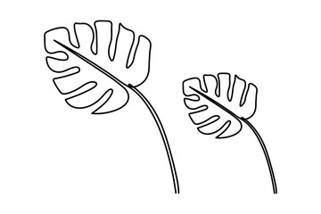 Monstera leaf one line drawing in minimalist style with isolated outline on white background