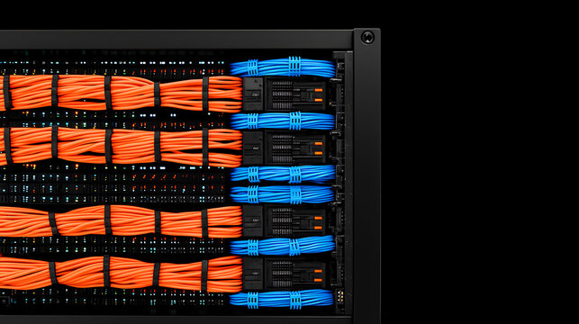 Data center server rack: well-organized cables. Orange and blue wires neatly bundled in server cabinet. Clean and efficient network management.