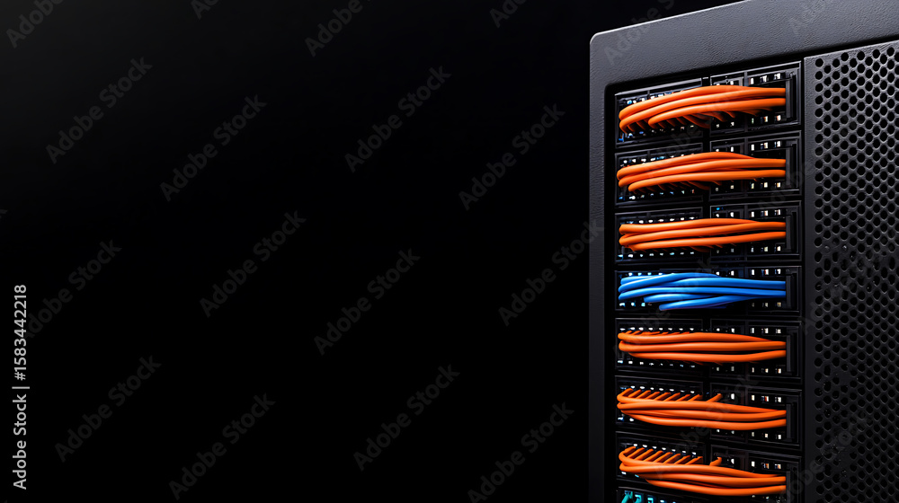 Poster server rack with data cables. fiber optics connections and infrastructure for cloud computing, data 