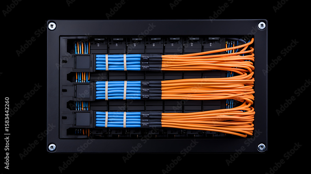 Poster neatly organized network cables in a black frame. orange and blue wires bundled for efficient data t