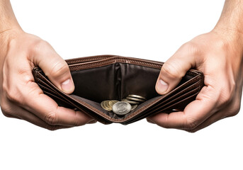 Two hands holding an empty brown wallet with coins inside. The background is transparent, emphasizing the wallet and coins.