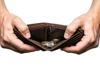 Two hands holding an empty brown wallet with coins inside. The background is transparent, emphasizing the wallet and coins.