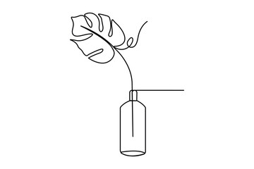 Monstera leaf one line drawing in minimalist style with isolated outline on white background