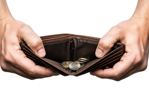 Two hands holding an empty brown wallet with coins inside. The background is transparent, emphasizing the wallet and coins.