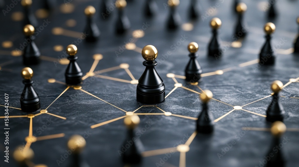 Poster conceptual chessboard with black and gold game pieces connected by golden network lines representing