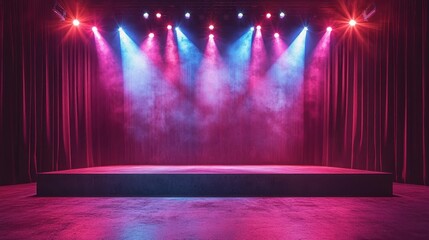 Empty stage bathed in vibrant pink and blue spotlights
