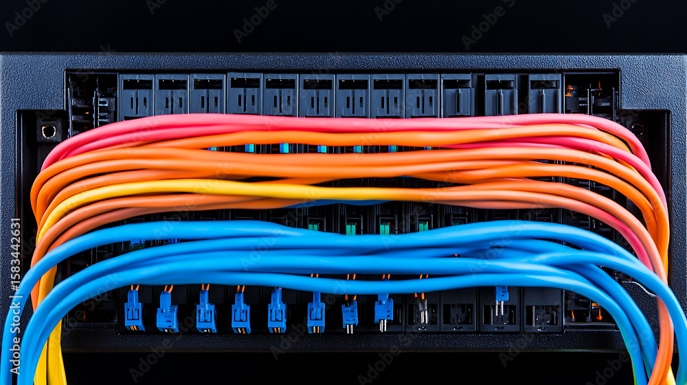 Poster a server rack features colorful network cables plugged into ports, conveying data flow and connectiv