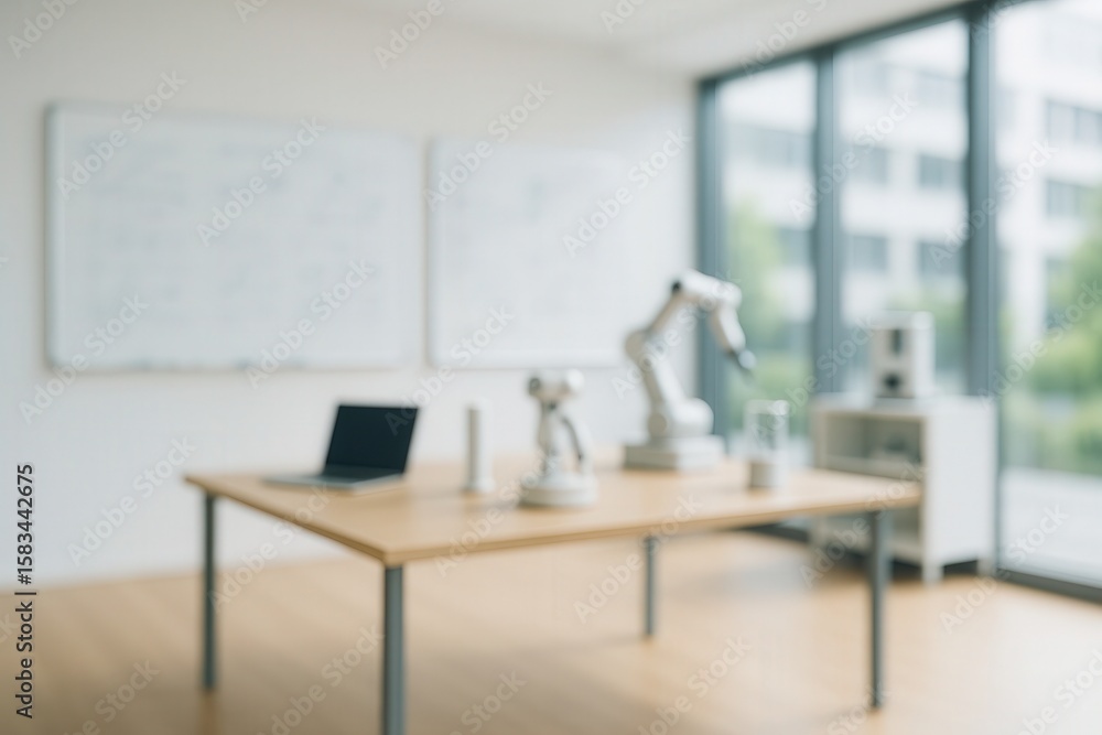 Poster modern research lab with blurred background featuring robotic arm and laptop in contemporary workspa