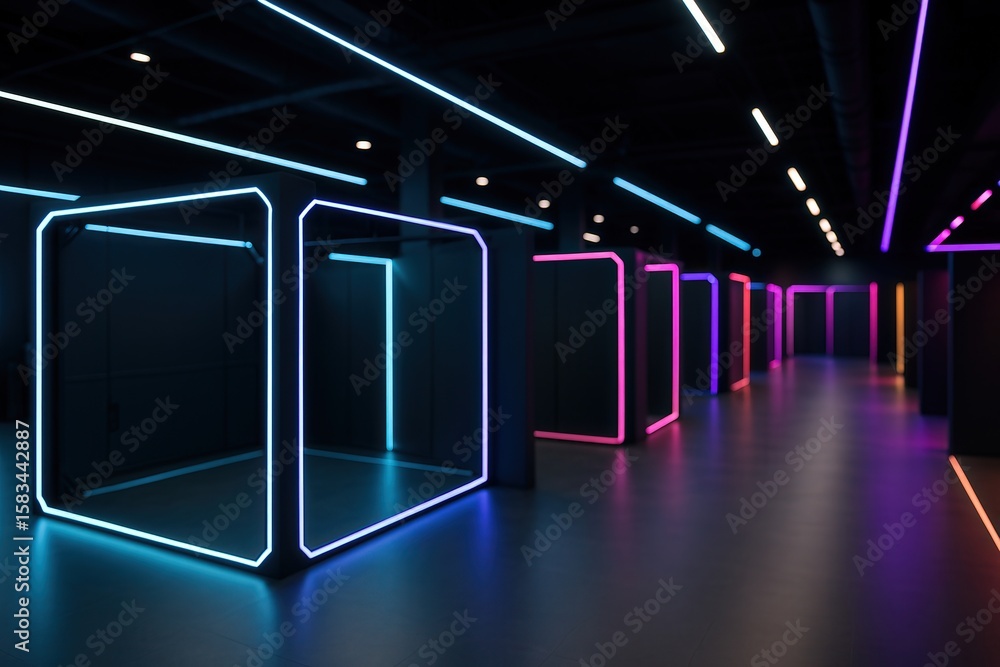 Poster neon vr arena blurred background featuring colorful led lights in futuristic indoor setting ideal fo