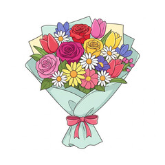 A beautifully wrapped bouquet features an assortment of colorful flowers including roses, daisies, tulips, and other seasonal blooms. The arrangement is tied with a ribbon, giving it a cheerful.