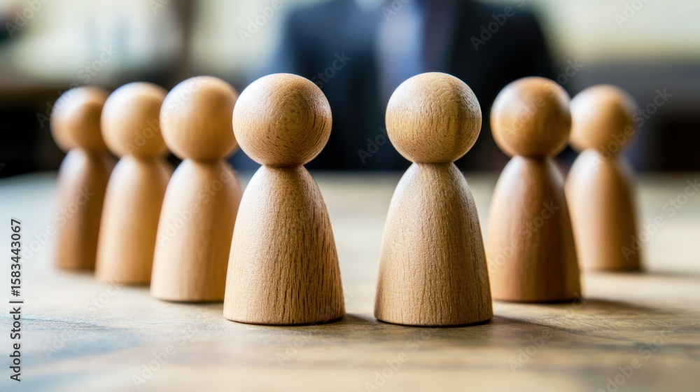 Poster wooden figurines representing team dynamics and collaboration with a blurred professional background