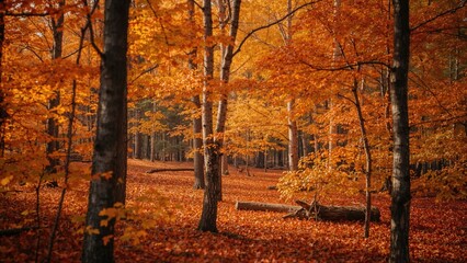 Fototapeta premium Deep forest scene showcasing bright autumn leaves with a soft blur
