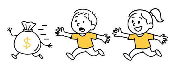 Boy And Girl Chasing Money Bag. Finance, Debt, Economy, Investment, Humor, Stress, Finance Fear, Money Problems Concept. Hand-Drawn Doodle Style Line Vector Illustration.