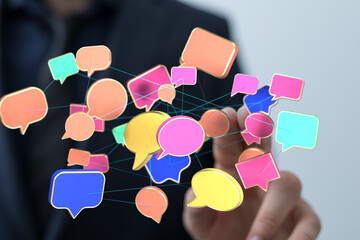 Colorful speech bubbles illustrate interconnected global communication and networking.