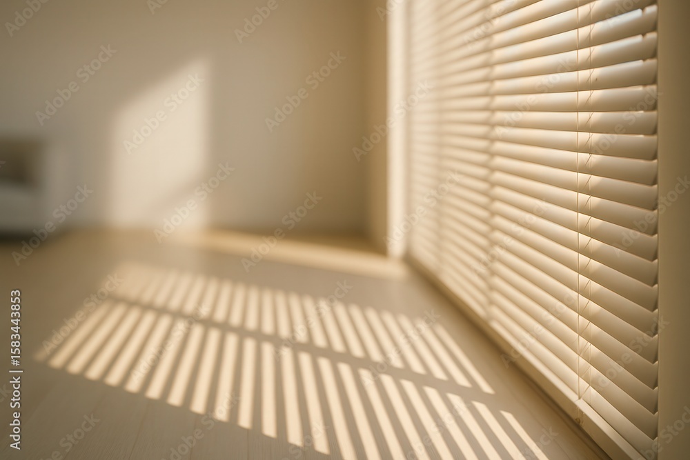 Poster blurred room with striped shadows from blinds creating a tranquil atmosphere and geometric light pat