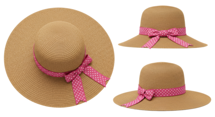 Three distinct light brown woven straw hats with wide brims and vibrant pink polka dot ribbons, one top-down, two angled side views, isolated on transparent background with even studio lighting, no