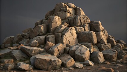 Pyramid-Shaped Stone Formation Composed of Rough Natural Rocks Against Stormy Sky