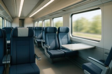 Sunlit Elegance Inside Modern Train with Blurred Scenic Background for Contemporary Travel Concepts and Transportation Design Aesthetics